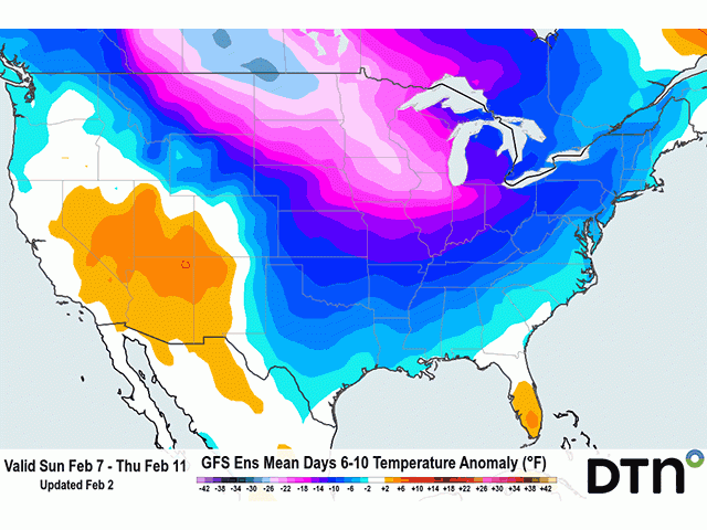 Arctic air will flow southward through the country behind a system after Feb. 6. The arctic air is expected to remain entrenched across areas east of the Rocky Mountains for at least a week. (DTN graphic)