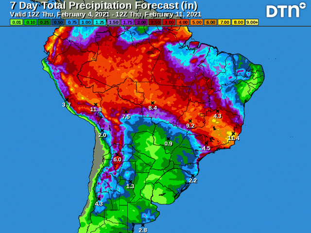 A front moving through Brazil will stall from Mato Grosso to Minas Gerais with clearing behind it. Conditions will improve for soybean harvest and safrinha corn planting over the next several days. (DTN graphic)