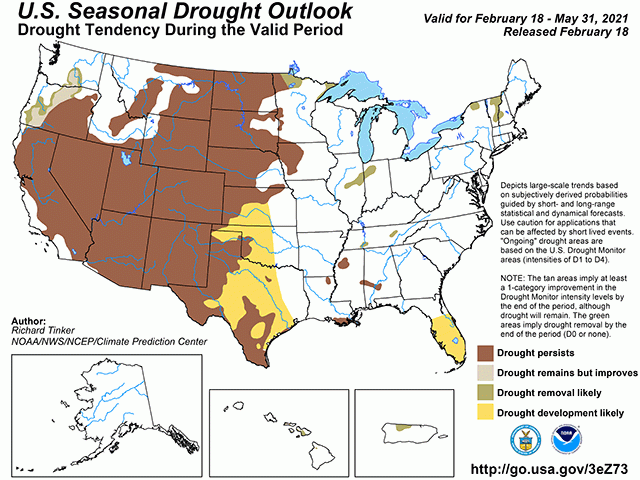 Much of the Plains and Western Midwest are forecast to have continued or developing drought through Spring 2021. (NOAA/CPC graphic)