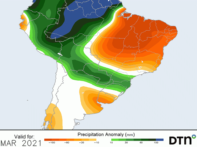 Below normal rain is forecast for March in most of the primary South America crop regions. (DTN graphic)