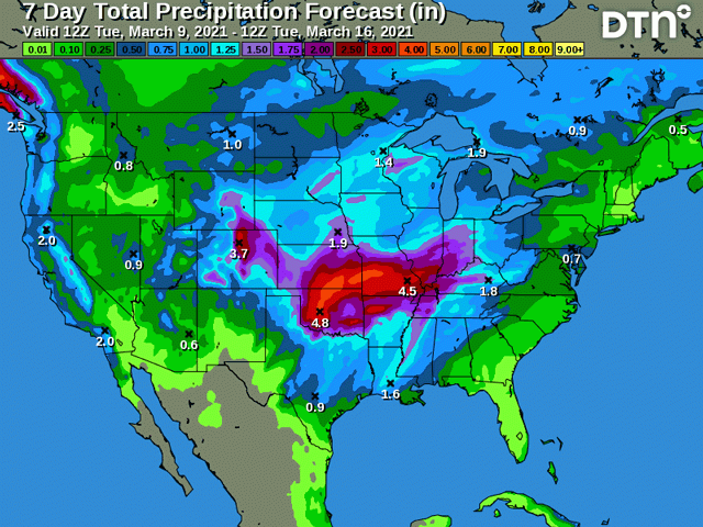 Widespread moderate to heavy rain and snow is expected in the Central and Southern Plains March 13-15 that will spread to the Midwest early next week. (DTN graphic)