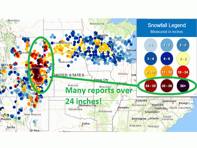 Snowfall reports from the storm March 13-15 capture the heavy snowfall across the High Plains in Colorado, southeast Wyoming, through South Dakota and into Minnesota. (NOAA graphic)