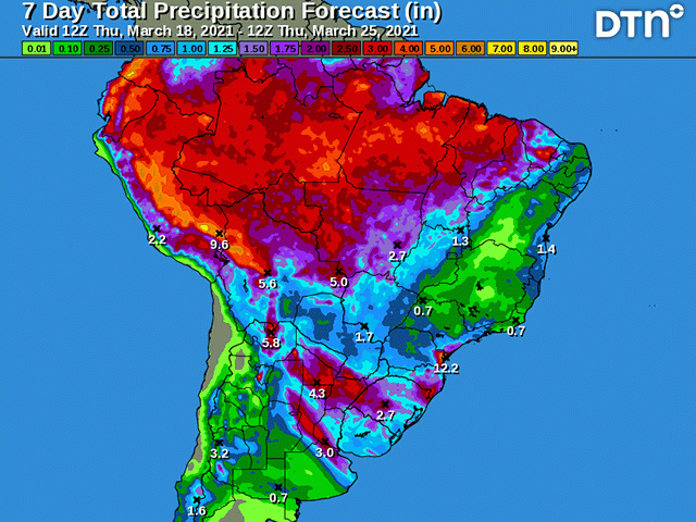 Rain continues to provide additional moisture for Argentina into southern Brazil through March 25. (DTN graphic)