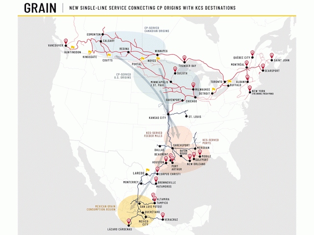 This map shows grain shipping and port access on the Canadian Pacific-Kansas City Southern rail lines. With the merger, the two railroads will be known as CPKC. (Map courtesy of Canadian Pacific)