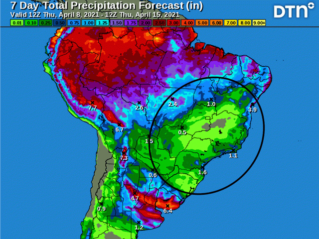 Showers will continue to wane over the next couple days with little precipitation into next week across most of Brazil. (DTN graphic)