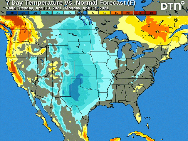 Cutoff low-pressure systems and an upper air pattern change to ridge west-trough east will leave the central U.S. with below-normal temperatures for more than a week. (DTN graphic)