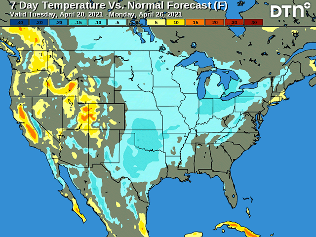 Cold air flowing south from Canada will produce freezes across the Plains and Midwest through April 22 and in the Northern Plains into late April. This may damage winter wheat and emerged corn and soybeans. (DTN graphic)