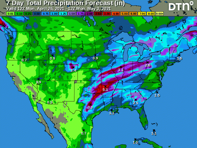 Heavy precipitation is in store for most crop areas through early May, except for drought-affected portions of the northern and southwestern Plains. (DTN graphic)