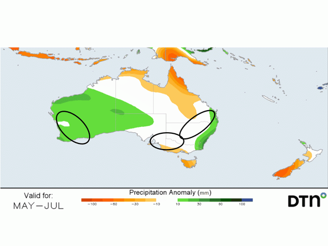 Australia wheat region precipitation forecasts through July have above-average amounts in Western Australia; near average in Eastern Australia; and near to below average in South Australia. (DTN graphic)
