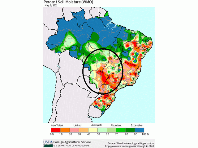 Other than northern and western Mato Grosso, soil moisture across Brazil safrinha corn areas is severely lacking (USDA graphic)