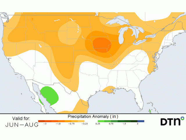 Despite an official end to La Nina, summer forecasts still indicate below-average precipitation for dry northern and western crop areas. (DTN graphic)