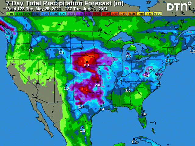 An active weather pattern will produce more widespread rain in the Plains and Midwest through June 1. (DTN graphic)