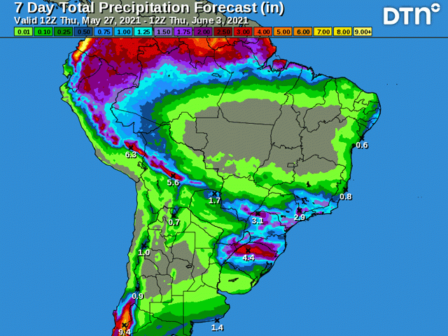 Another system will bring scattered showers to southern Brazil, but the showers are not forecast to move into the higher production areas in central Brazil. (DTN graphic)