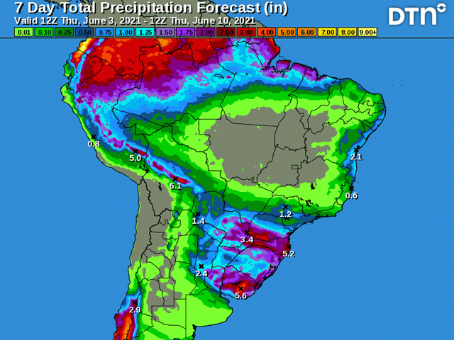 Yet another system is on tap to bring showers to northern Argentina and southern Brazil in the next seven days. (DTN graphic)