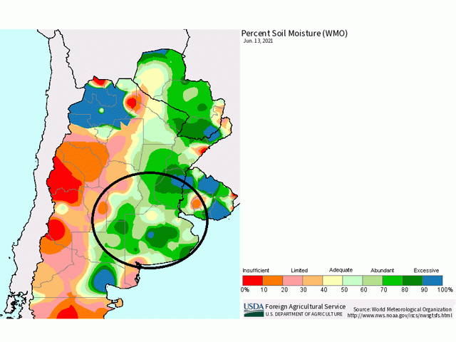 Soil moisture across the main growing regions in Argentina are quite good as winter wheat planting gets into full swing. (USDA FAS image)