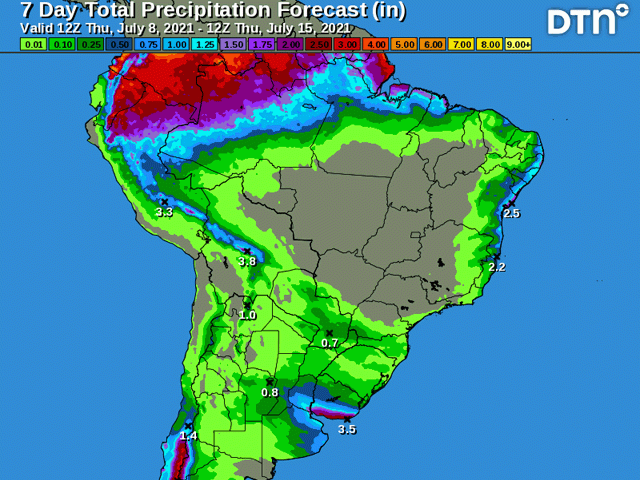 Rainfall through July 13 will be next to nothing in Brazil while a frontal boundary from Argentina produces some showers and gets into southern Brazil July 14-15. (DTN graphic)