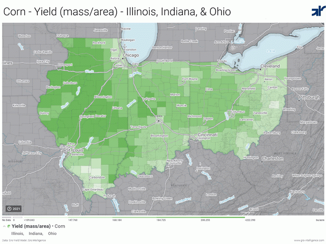 Strong, even potentially record-breaking corn yields (shown here, with dark green coloring in Gro&#039;s real-time yield model), were a common story as Day Four of the 2021 DTN Digital Yield Tour explored Illinois, Indiana and Ohio. (Map courtesy of Gro Intelligence) 