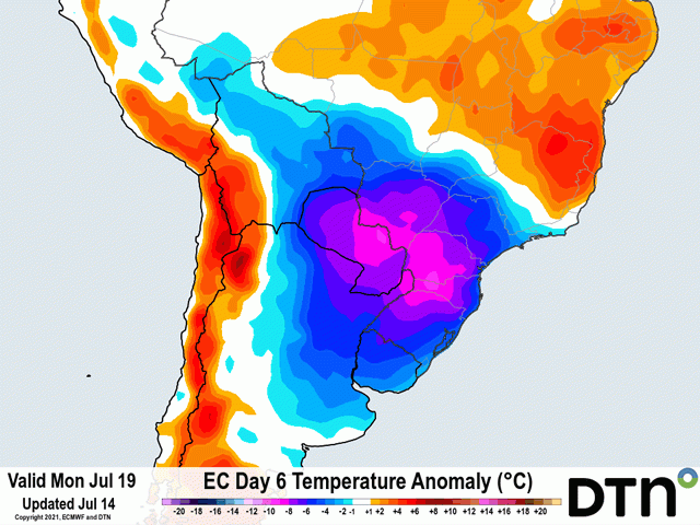 Two weeks after the first event, frosts will again be possible for southern Brazil. While this map shows the worst day for cold on July 19, frosts will be possible each morning July 18-20. (DTN graphic)