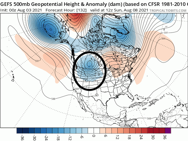 The strong ridge anchored across western North America since early June will finally show some weakness as a pair of troughs move through this weekend into next week. The upper air, 500-millibar chart for Sunday morning, Aug. 8, shows the trough across western North America. (Tropical Tidbits graphic)