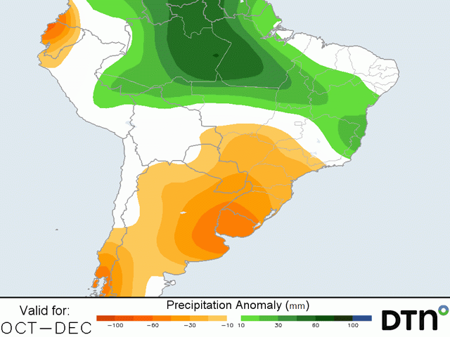 Rainfall for spring into early summer is forecast to be below normal in Argentina and Brazil, much like the 2020-2021 season. (DTN graphic)