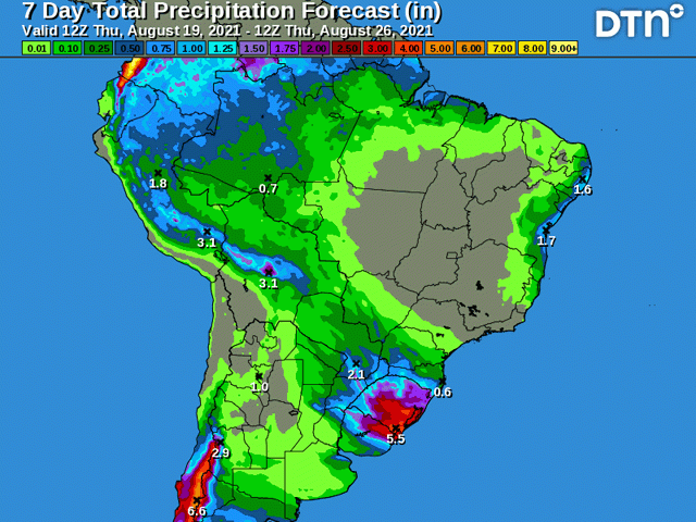 A weak front will produce some lighter showers for Argentina and southern Brazil through the weekend. But another frontal boundary should produce better rainfall chances and amounts by the middle of next week. (DTN graphic)