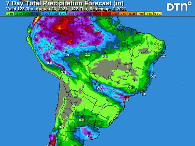 A front will bring some rainfall to portions of southern Brazil through Aug. 29 while another could bring some rain to Argentina next week. The region will need more rainfall as producers plan for spring planting. (DTN graphic)