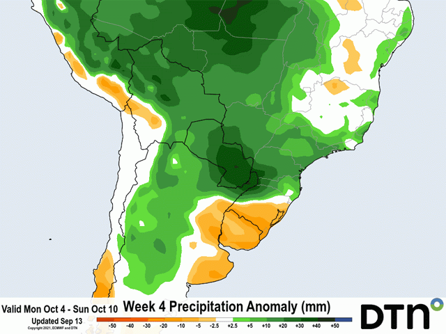 There is no longer a reasonable possibility of an early start to the wet season in central Brazil, but the delays look to only be about a week from most models like the one pictured here from the European weekly run. (DTN image)