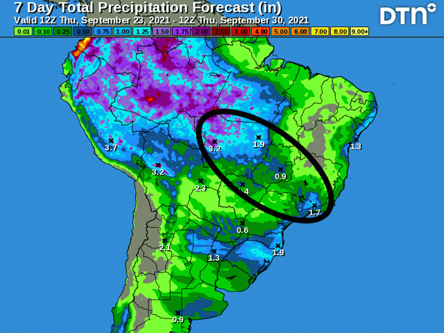 Scattered showers are now forecast to develop this weekend into next week across Mato Grosso and other central Brazil states this weekend into next week. (DTN image)