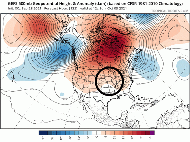 A subtle upper-level disturbance (circled) works underneath a strong ridge over Hudson Bay in Canada on Oct. 3, bringing showers to the Midwest. (Tropical Tidbits graphic)