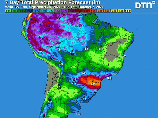Daily showers are here to stay in central Brazil while a couple of systems bring rain from Argentina to southern Brazil. This is an unusual pattern during a La Nina. (DTN image)