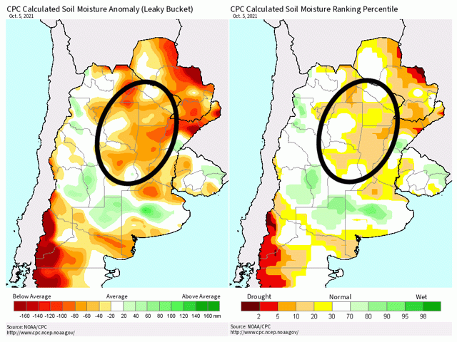 Soil moisture in Argentina is mixed, but drier than normal across much of the corn and soybean areas. (NOAA image)