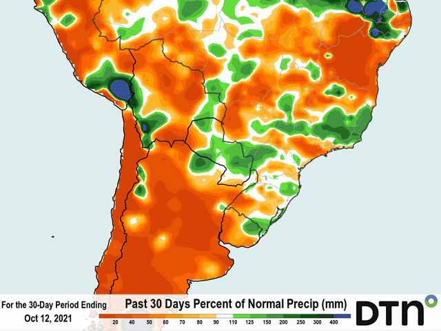 Dryness across Argentina, like that experienced during the last month, is typical of La Nina spring in South America. Southern Brazil is usually affected as well, but has not seen the dryness as much. (DTN graphic)