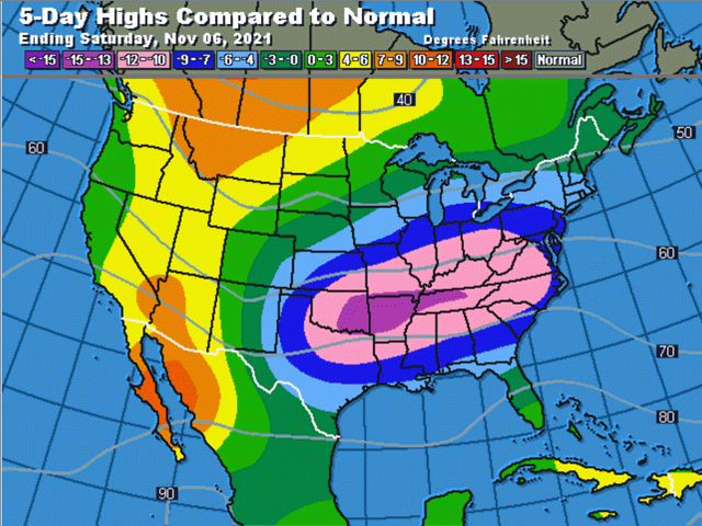 Cold weather will have a grip on much of the eastern half of the country for the next several days. (DTN graphic)