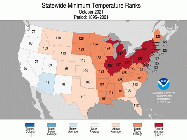 A large block of states in the Midwest and Northeast posted average overnight low temperatures that were the highest on record, gong back 127 years. (NOAA/NCEI graphic)