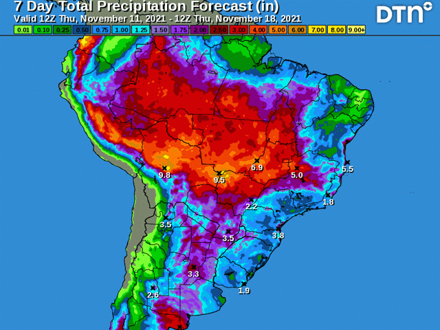Good rain continues to fall across South America in spite of the La Nina pattern. (DTN graphic)