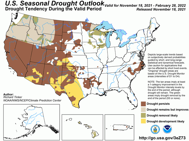 The Midwest stays drought-free while the western half of the Plains is in line for drought forming or continuing through late February. (NOAA/NCEP graphic)