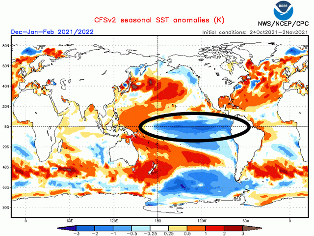 Sea surface temperatures in the tropical Pacific Ocean are forecast by the American CFS model to be below normal in the December-through-February time frame, indicating La Nina conditions. (NOAA graphic)