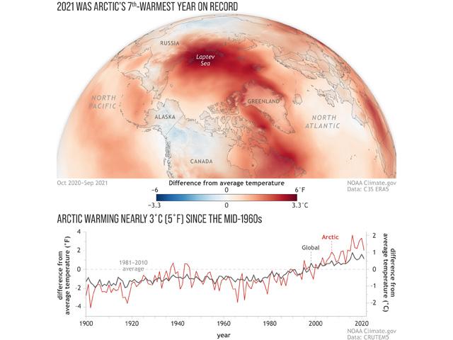 Arctic 2021 temperatures were the seventh warmest on record. Since the mid-1960s, the Arctic has warmed up by nearly 3 degrees Celsius (5 degrees Fahrenheit), more than double the global average. (NOAA graphic)