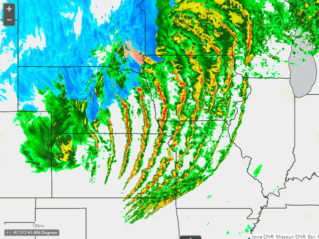 A composite graphic of the radar depiction as severe weather spread across the Plains and Midwest between 1 p.m. and 10 p.m. Central Time on Dec. 15. (DTN graphic)