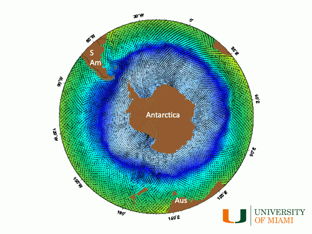 The Antarctic Circumpolar Current (dark blue), the only ocean current that flows completely around the globe, is showing signs of speeding up due to energy from stronger winds related to sustained warming. (University of Miami graphic)