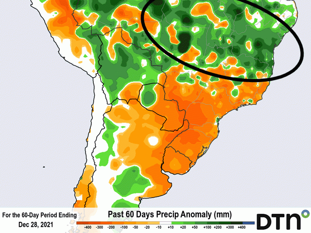 Rainfall during the last 60 days has been well-above normal for central and northern Brazil. (DTN graphic)