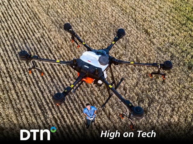 Andrew Nelson&#039;s largest drone is the DJI Agras T16, which can carry about 4 gallons of spray while staying within current federal guidelines. He has one but dreams of using six autonomously. (DTN/Progressive Farmer photo by Joel Reichenberger)