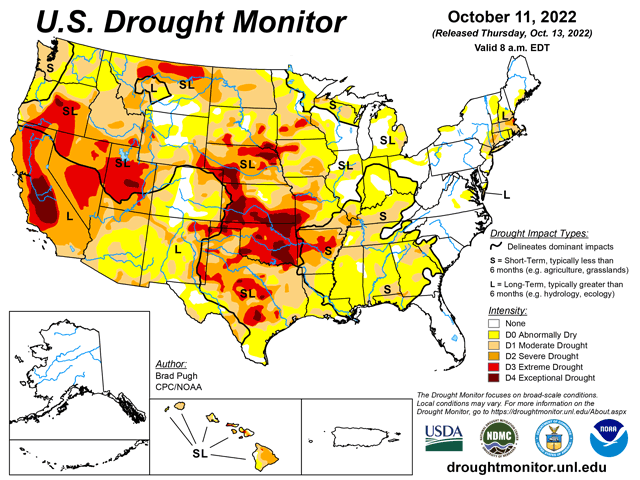 The U.S. Drought Monitor is written in a partnership between the National Drought Mitigation Center, USDA, and NOAA. It is a combination of many factors, not just rainfall deficits. This includes dozens of indicators to draw classifications. (DTN graphic)