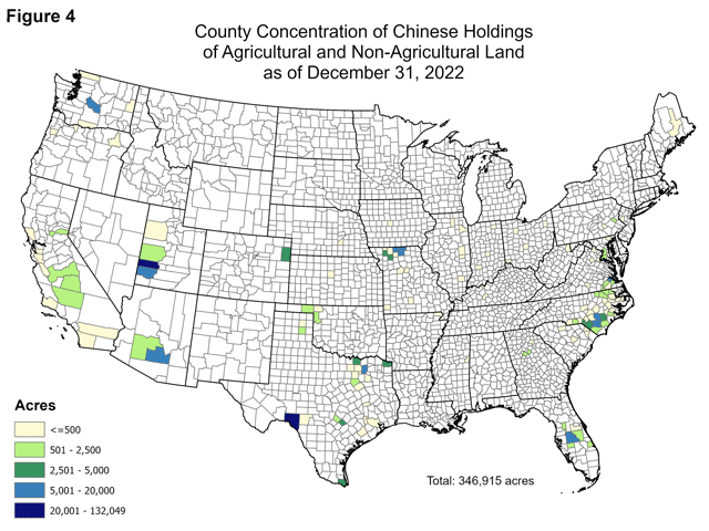 A map showing the concentration of Chinese ownership of agricultural land from USDA&#039;s latest report. USDA reports 85% of those acres are concentrated in Texas, North Carolina, Missouri, Utah and Virginia. Missouri&#039;s governor is restricting new ownership by U.S. adversaries around military bases. (Image courtesy of USDA Foreign Land Holdings report) 