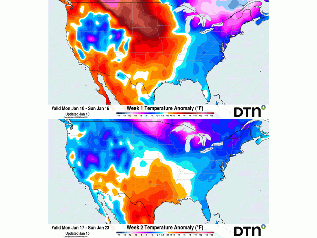 A shifting weather pattern will bring warmer weather this week, but colder conditions the following week. (DTN graphics)