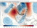 The large-scale pattern will be primed to set up a series of clippers to move through North America during the next 10 days or so. A ridge of high pressure to the west (in red) contrasts with a low-pressure center in Hudson Bay (in blue) with a typical clipper storm track between the two (in black). (Tropical Tidbits graphic)