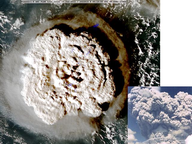 The powerful, but brief, undersea volcano eruption in Tonga (left) is expected to have none of the atmospheric impact that occurred following the multi-day eruption of above-ground Mount Pinatubo (right) in 1991. (Images from NOAA/NESDIS and PHIVOLCS) 
