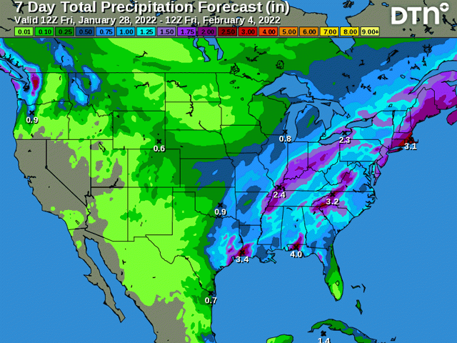 A system moving into the West with a new trough late during the weekend into next week is expected to bring precipitation through middle America, including southwest Plains, and heavy amounts from southeastern Plains to the Northeast. (DTN graphic)