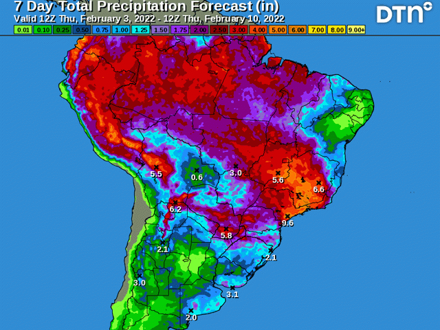 Rainfall in Argentina and southern Brazil will be limited during the next few days with another dry stretch coming up. (DTN graphic)