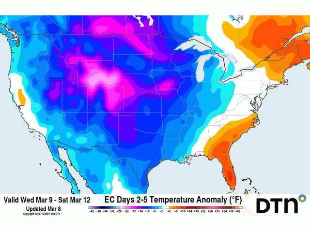 Cold, arctic air will spread through the country during the next several days. (DTN graphic)